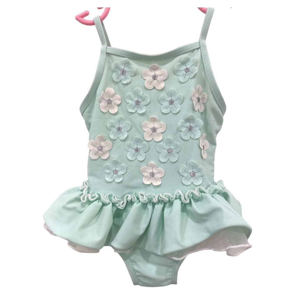 Little Me Green and White One Piece Swimsuit with Ruffles